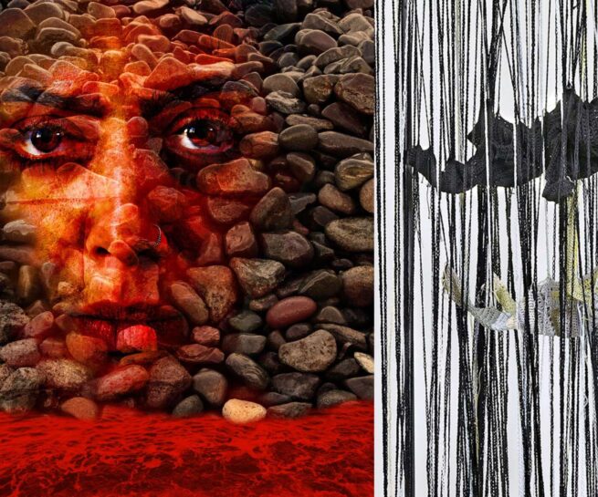 Two artworks by Maria Stamati, Fall – Survival, 2022, and Costas Vittis, The Red Sea, 2023