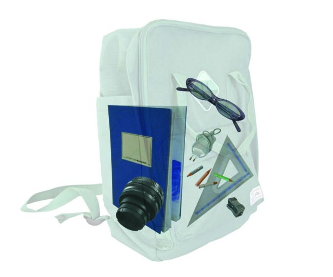 An artwork that show a transparent bag that inside has a camera lens a notebook, sunglasses a ruller and other small items. Work by Vasiliki Pantazi, Mobile laboratory (Laboratory that travels), 2024